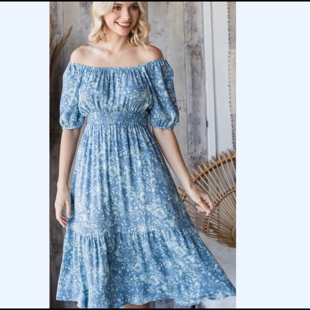 Prairie Floral Print Tiered Midi Dress on/off shoulders Size Large